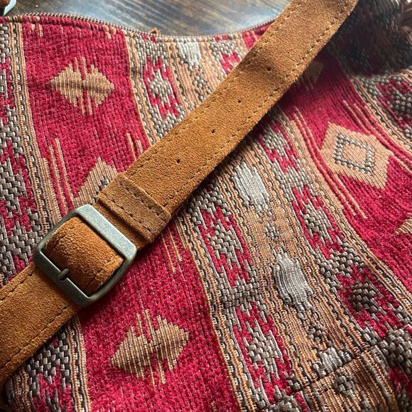 MINNETONKA Genuine Leather Cross Body Purse, Boho Aztec Embroidered, Side Fringe - Picture 9 of 13